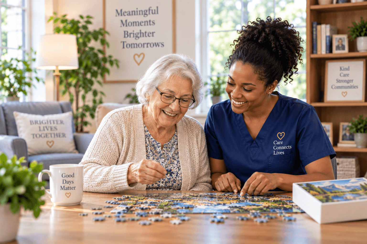 Caregiver and older adult enjoying a jigsaw puzzle together at home