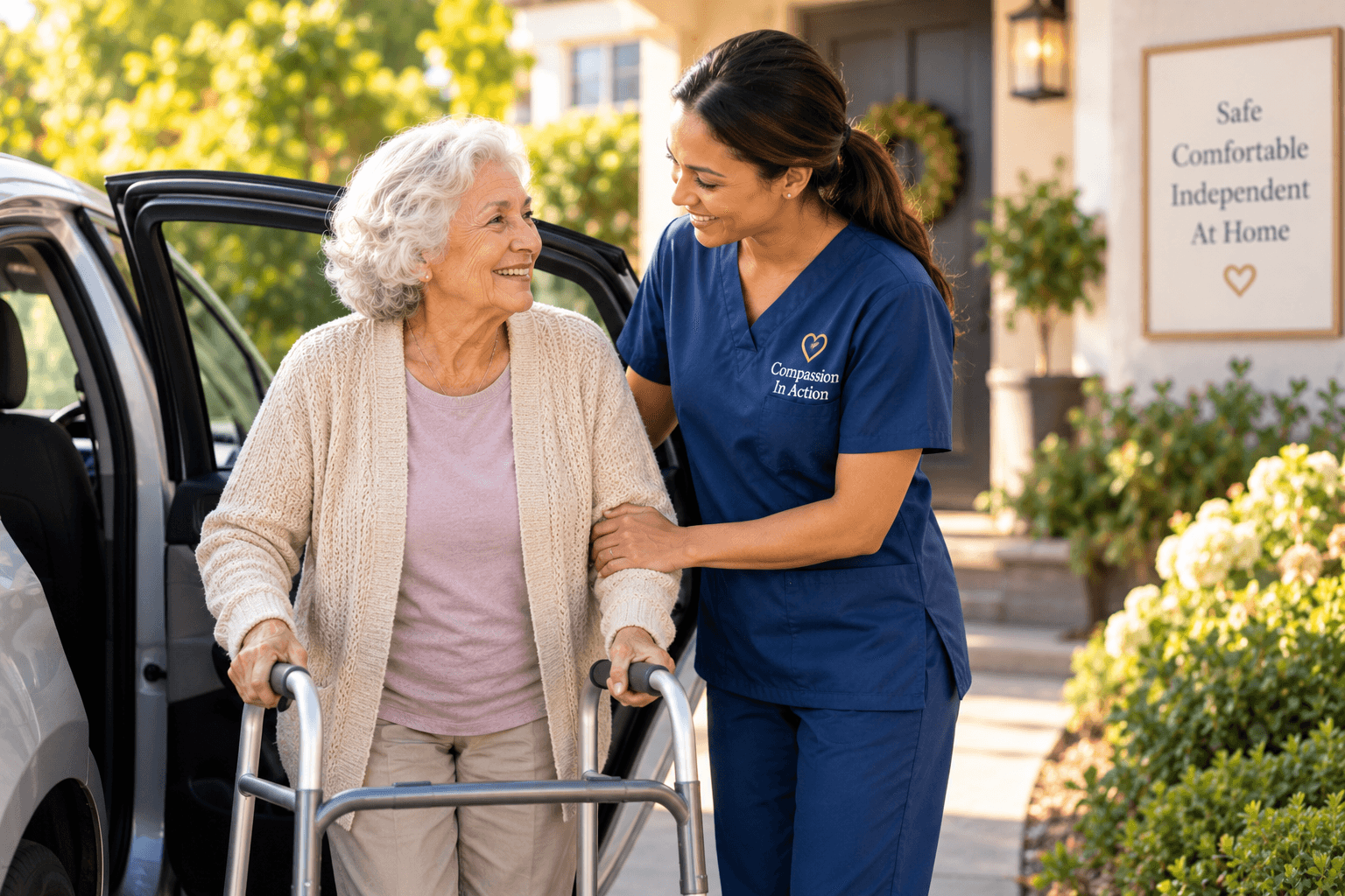 Caregiver assisting an older adult with a walker arriving safely at home
