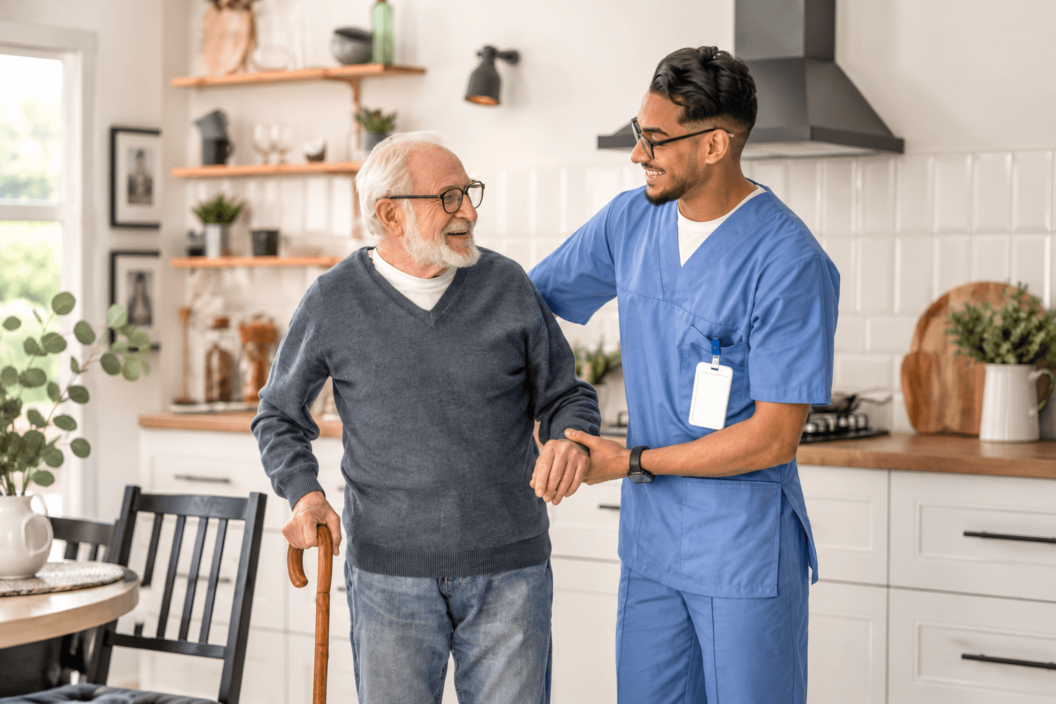 Caregiver supporting an older adult walking with a cane at home